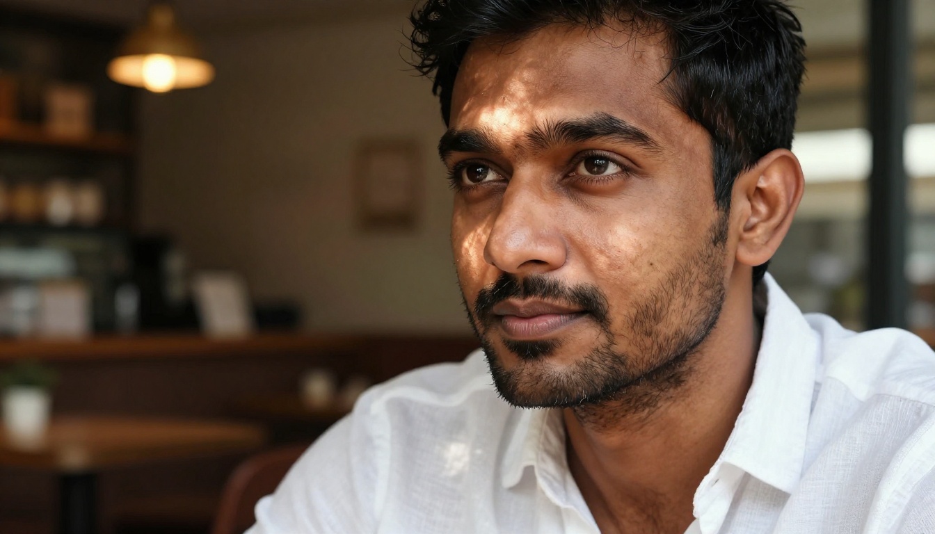 Photorealistic portrait of a South Asian man in a café, natural window light, visible beard stubble and skin pore detail