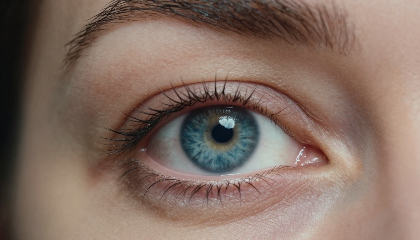 Extreme close-up of a realistic human eye with visible iris radial fibers and specular catchlight