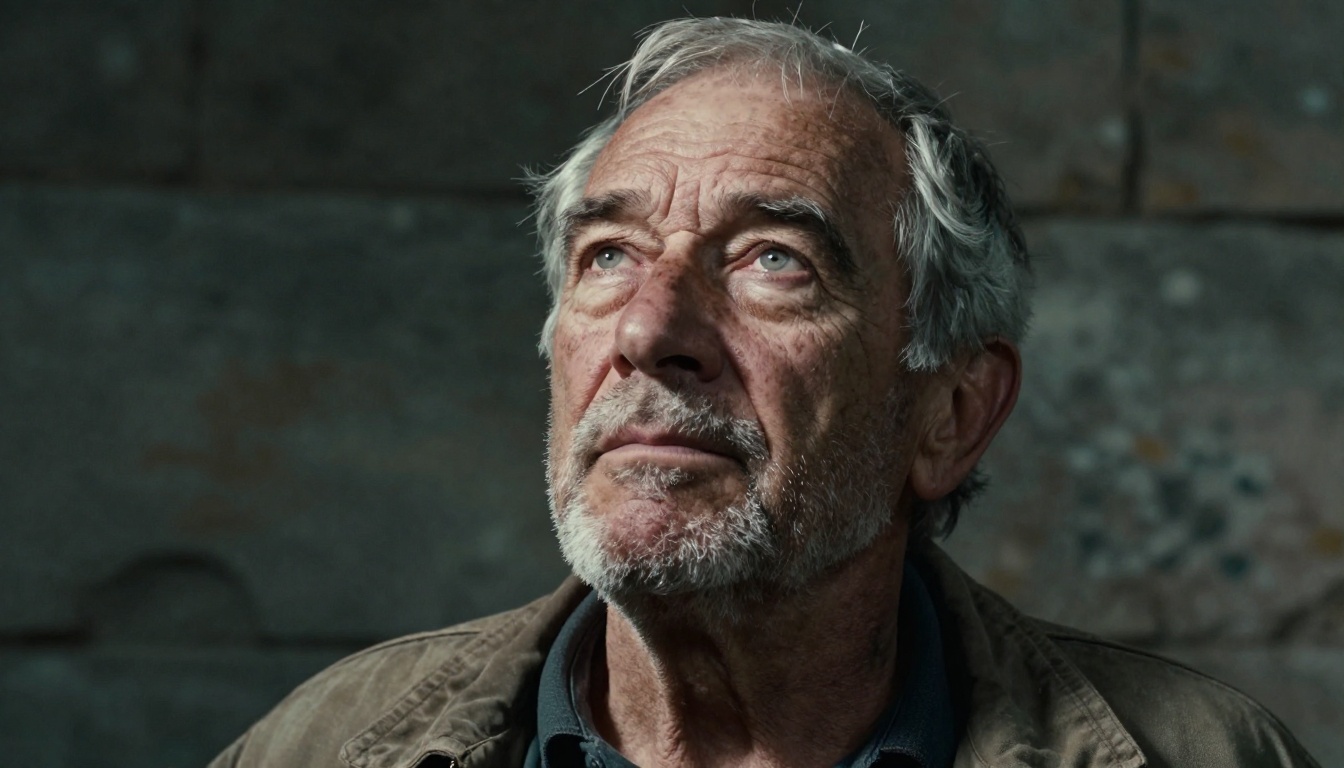 Photorealistic portrait of an elderly man with deep wrinkles, Rembrandt lighting, low-angle shot, silver stubble