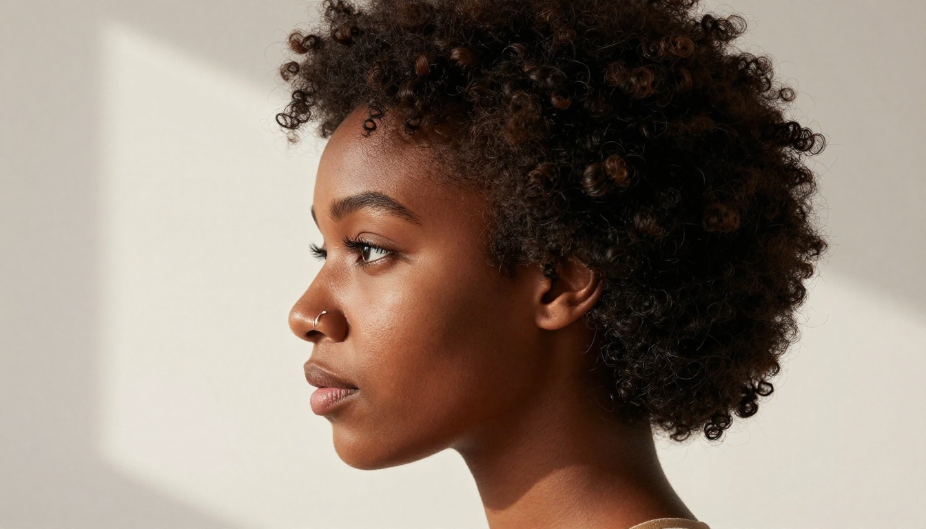 Photorealistic side-profile portrait of a Black woman with natural afro, dramatic window light creating sharp rim on forehead and lips
