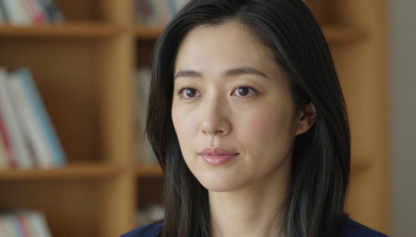 Three-quarter angle portrait of a Japanese woman in natural overcast window light, soft even skin illumination