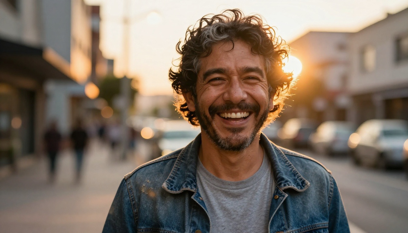 Photorealistic candid portrait of a Hispanic man mid-laugh outdoors in golden hour light, crow's feet and natural expression Photorealistic candid portrait of a Hispanic man mid-laugh outdoors in golden hour light, crow's feet and natural expression