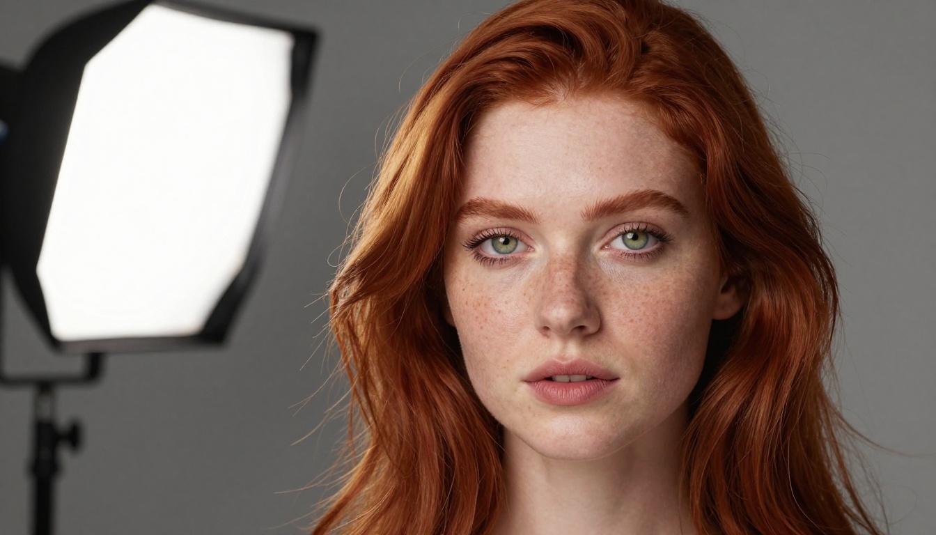 Photorealistic studio portrait of a copper-haired woman with two-light professional setup, individual hair strand detail visible Photorealistic studio portrait of a copper-haired woman with two-light professional setup, individual hair strand detail visible