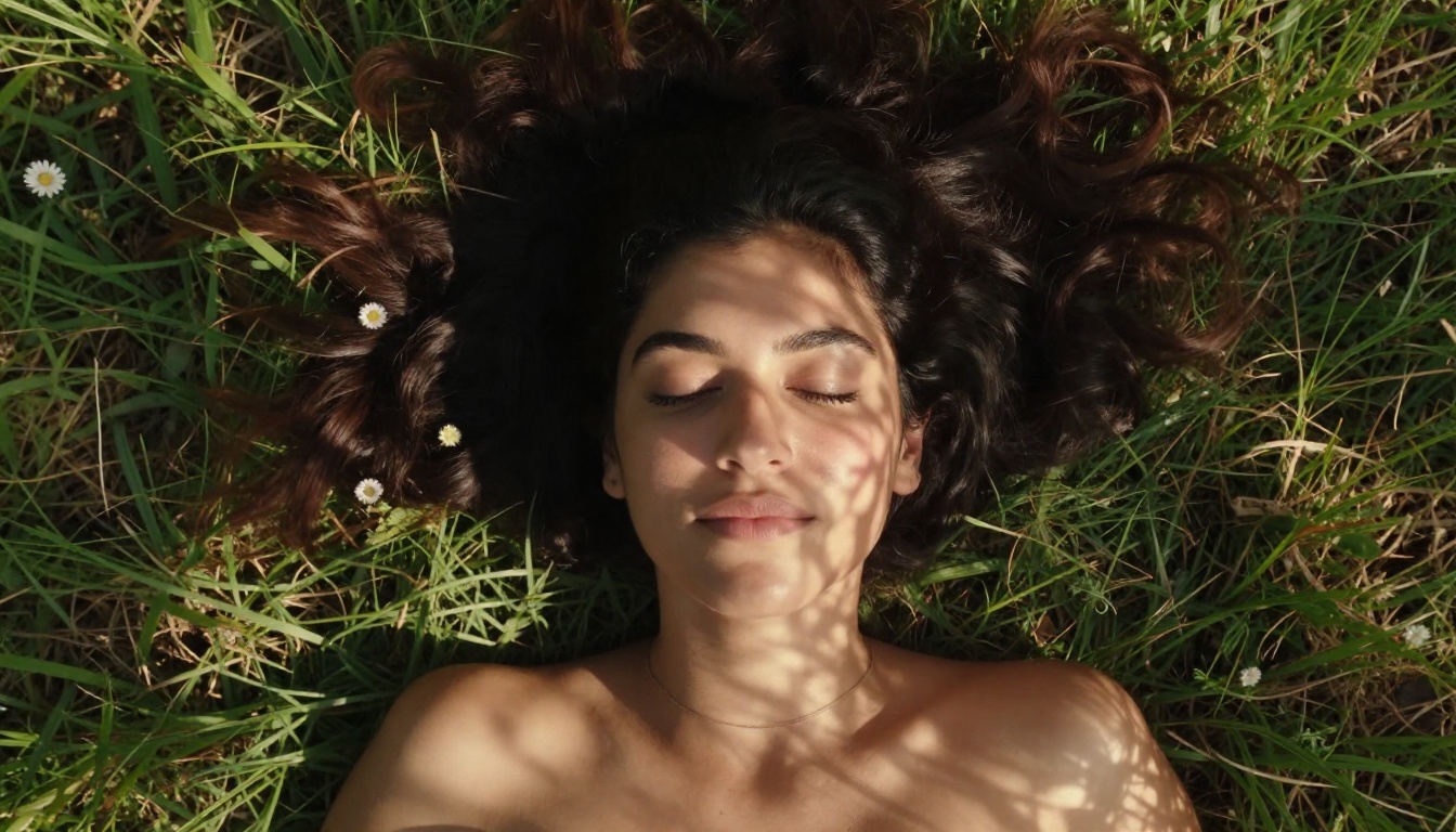 Aerial overhead portrait of a woman lying on grass with dappled sunlight filtering through leaves, eyes closed, serene expression Aerial overhead portrait of a woman lying on grass with dappled sunlight filtering through leaves, eyes closed, serene expression