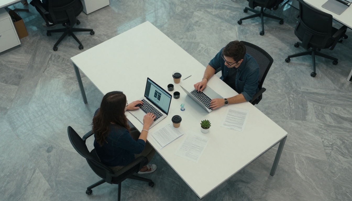 Aerial top-down view of collaborative modern office workspace