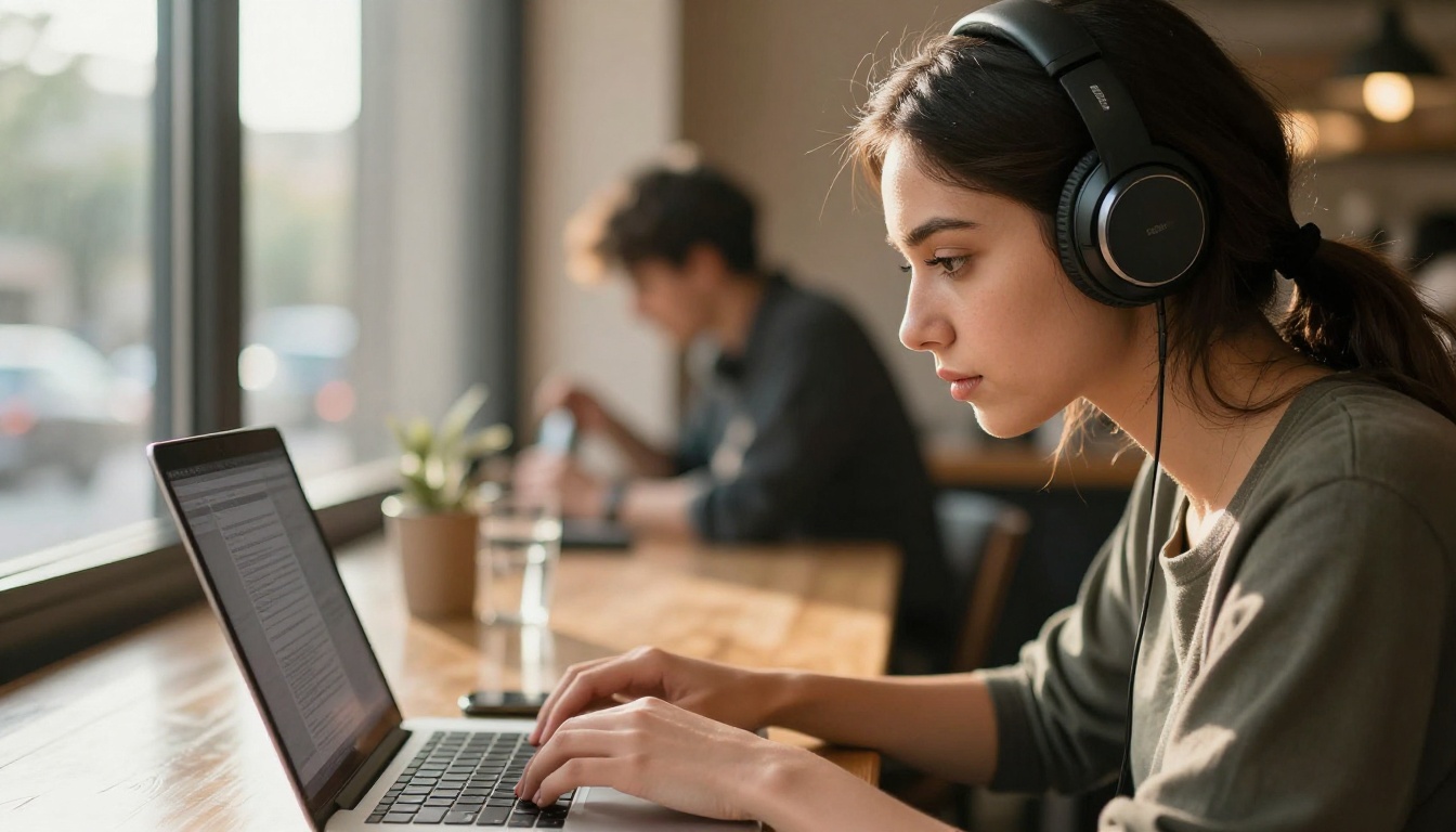 Young woman focused on laptop in sunlit cafe