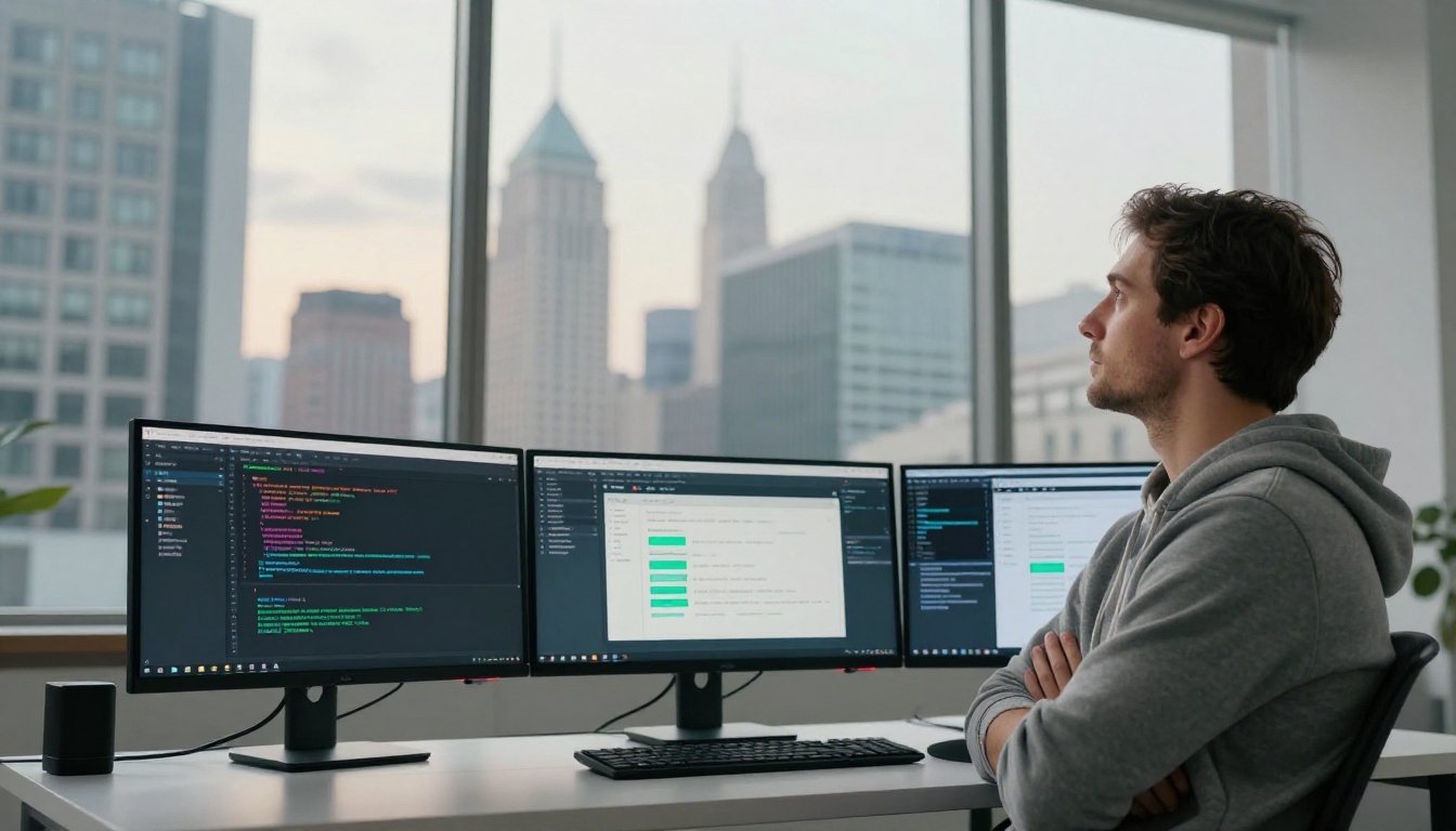 Confident developer at standing desk with triple monitors