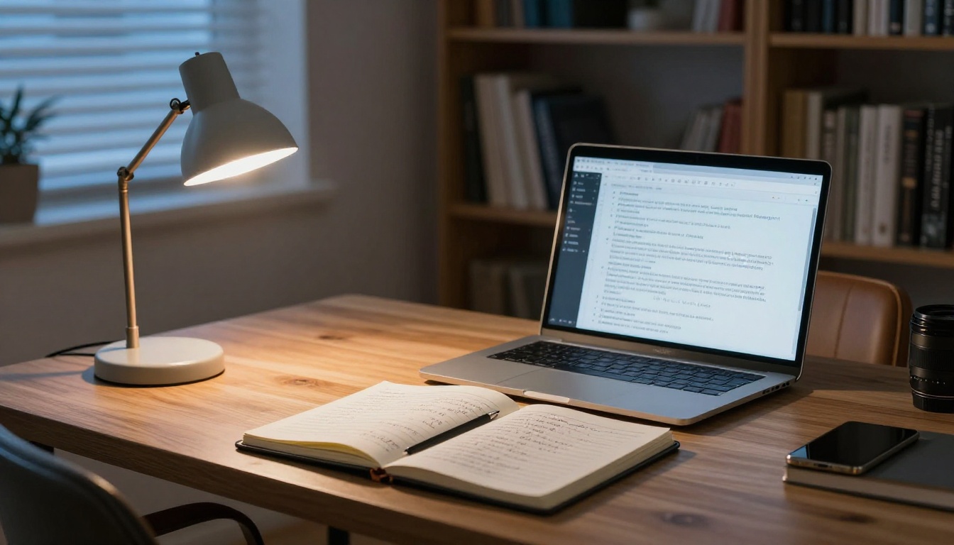 Minimalist home office at twilight with warm desk lamp