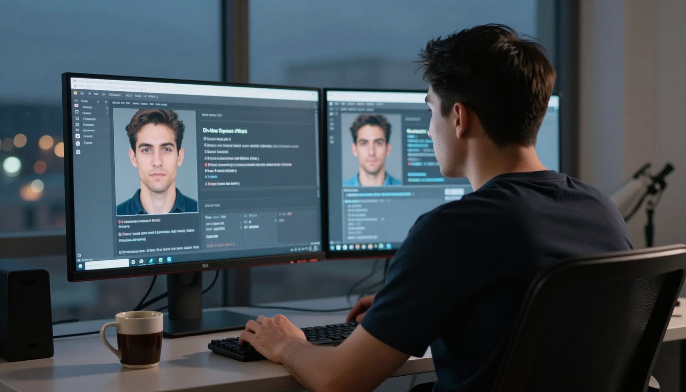 Over-shoulder view of professional comparing AI outputs side by side Over-shoulder view of professional comparing AI outputs side by side