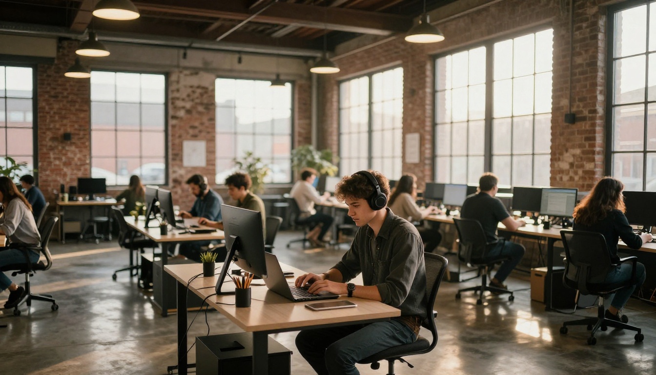 Busy co-working space with natural industrial lighting Busy co-working space with natural industrial lighting
