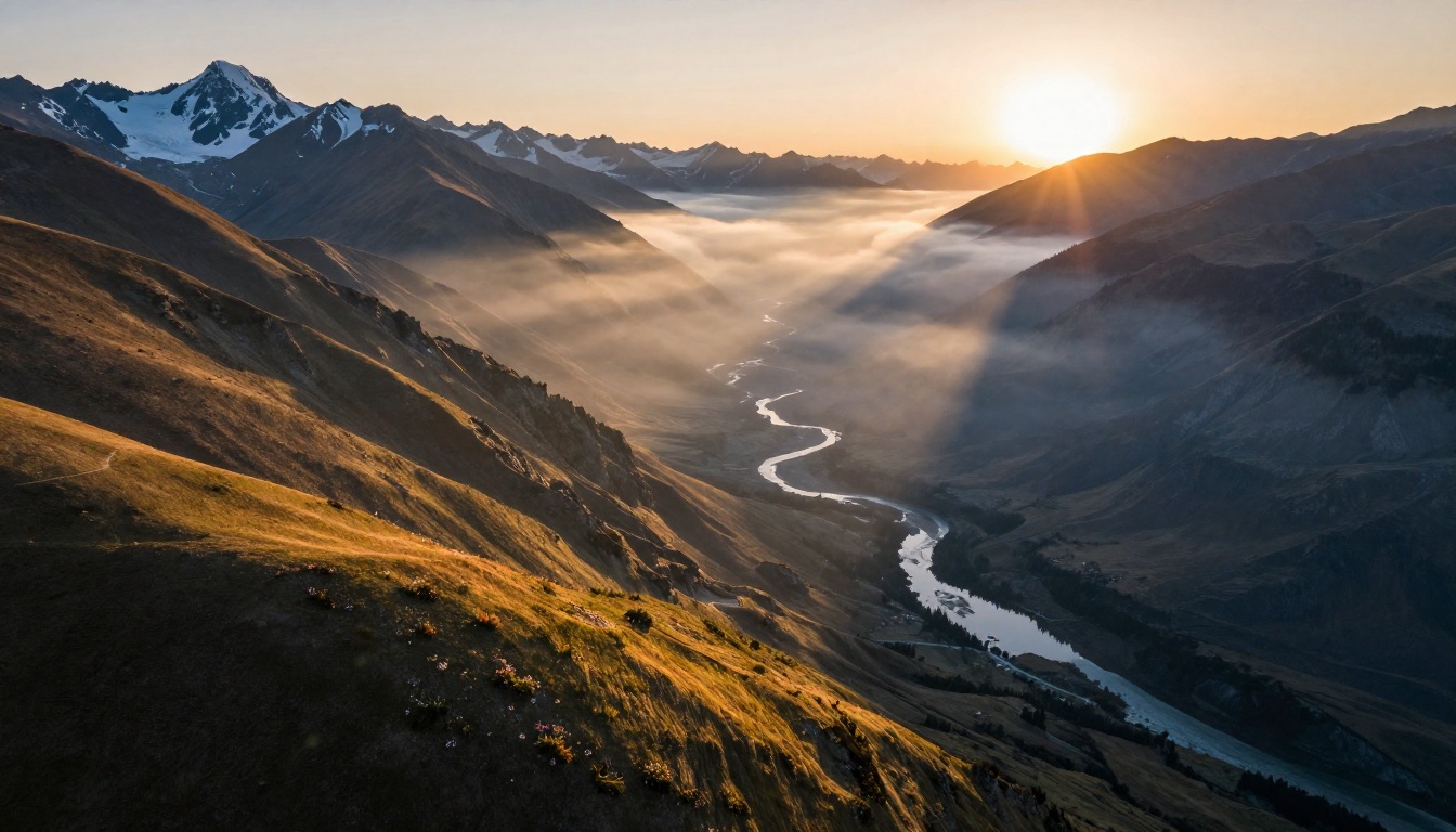 Aerial mountain landscape at golden sunrise with fog-filled valleys and wildflower meadows
