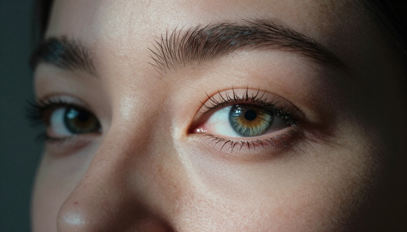 Extreme close-up portrait with dramatic chiaroscuro side lighting showing fine skin texture detail