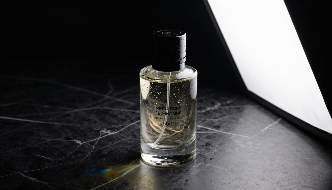 Luxury perfume bottle on black marble with prismatic light caustics and condensation droplets