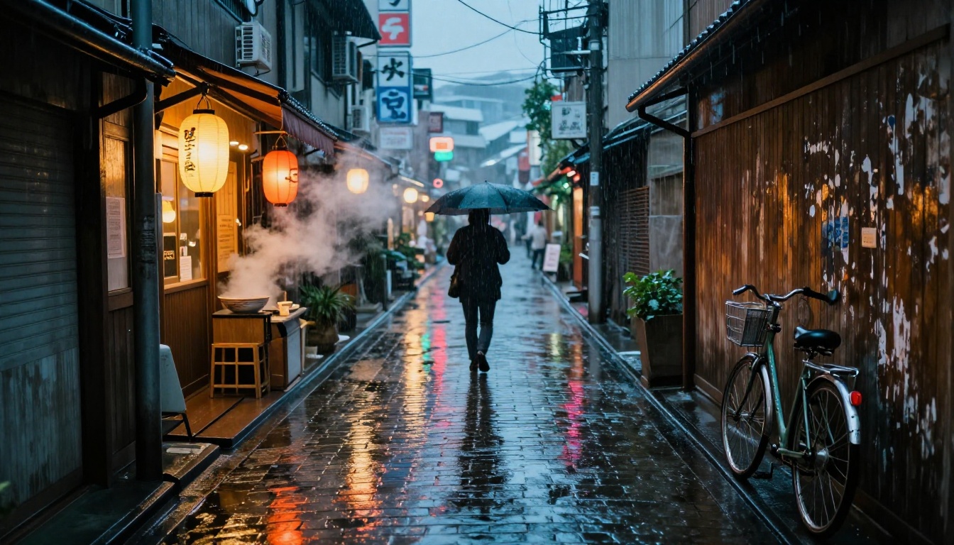 Moody street photography in rainy Tokyo alley at dusk with reflective wet cobblestones