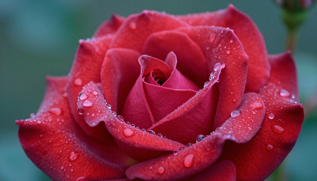 Macro photography of red rose with morning dew droplets revealing fine petal surface texture Macro photography of red rose with morning dew droplets revealing fine petal surface texture