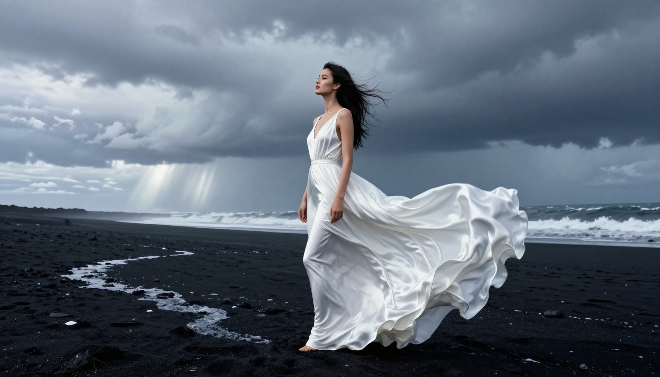 High-fashion editorial of woman in white silk dress on Icelandic black sand beach under dramatic sky