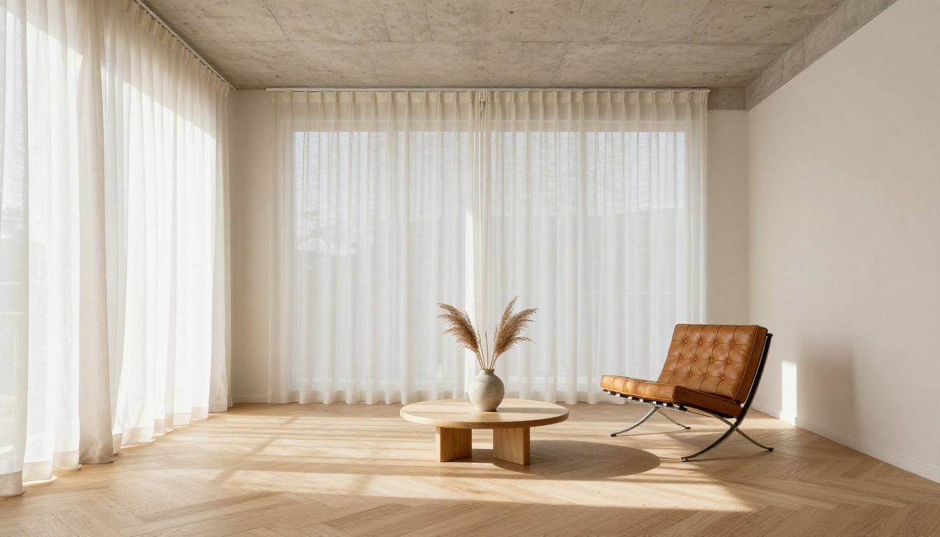 Minimalist Scandinavian living room with winter light through linen curtains and oak herringbone floors Minimalist Scandinavian living room with winter light through linen curtains and oak herringbone floors