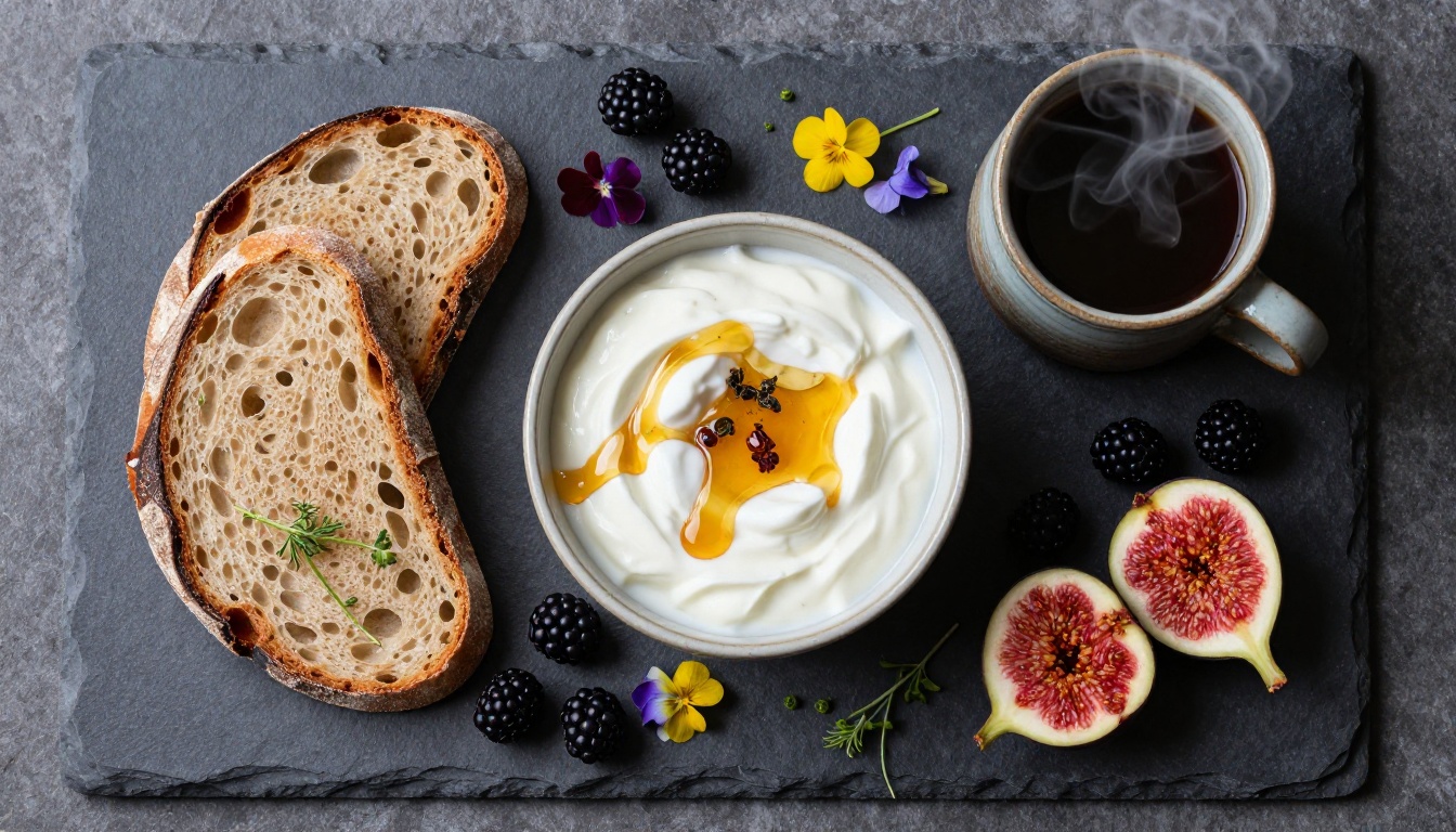 Artistic overhead food photography flat-lay with yogurt, blackberries, figs and sourdough on slate Artistic overhead food photography flat-lay with yogurt, blackberries, figs and sourdough on slate
