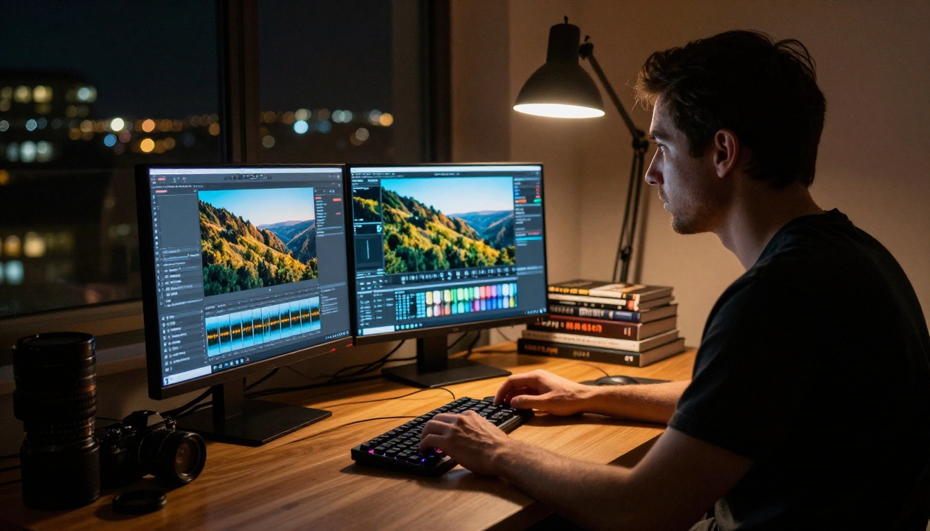Male photographer working at a dual-monitor editing workstation illuminated by screen glow at night Male photographer working at a dual-monitor editing workstation illuminated by screen glow at night