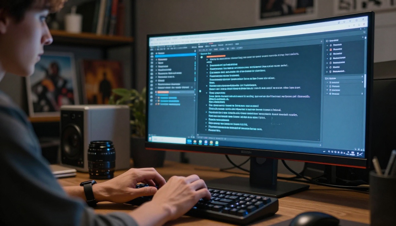 Person typing detailed AI video prompt on mechanical keyboard at editing workstation