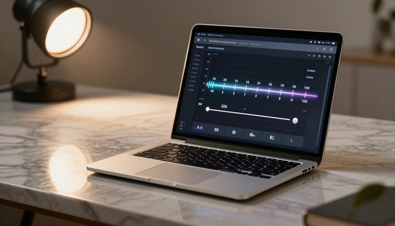 Motion intensity slider controls displayed on laptop screen with marble desk