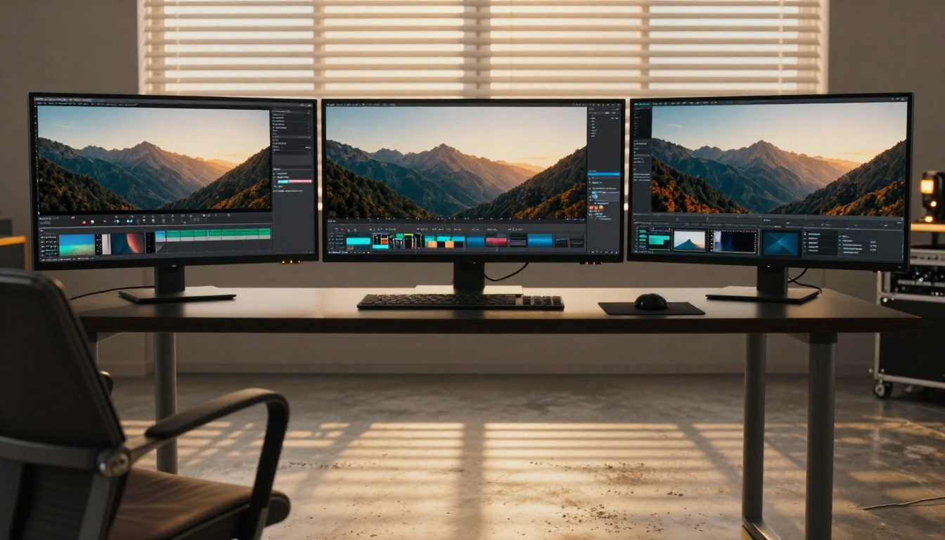 AI video editing suite with multiple monitors showing cinematic output