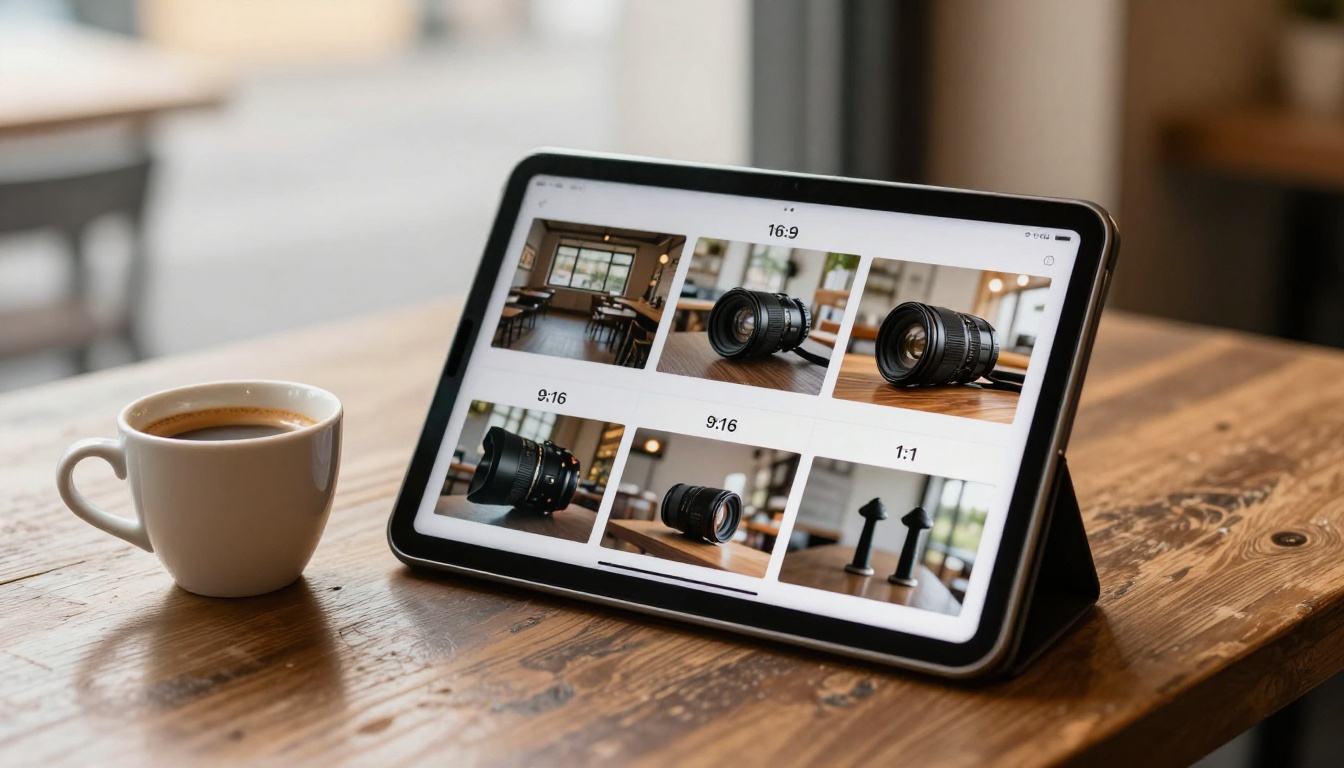 Aspect ratio comparison grid showing 16x9, 9x16, and 1x1 video formats on tablet screen in café