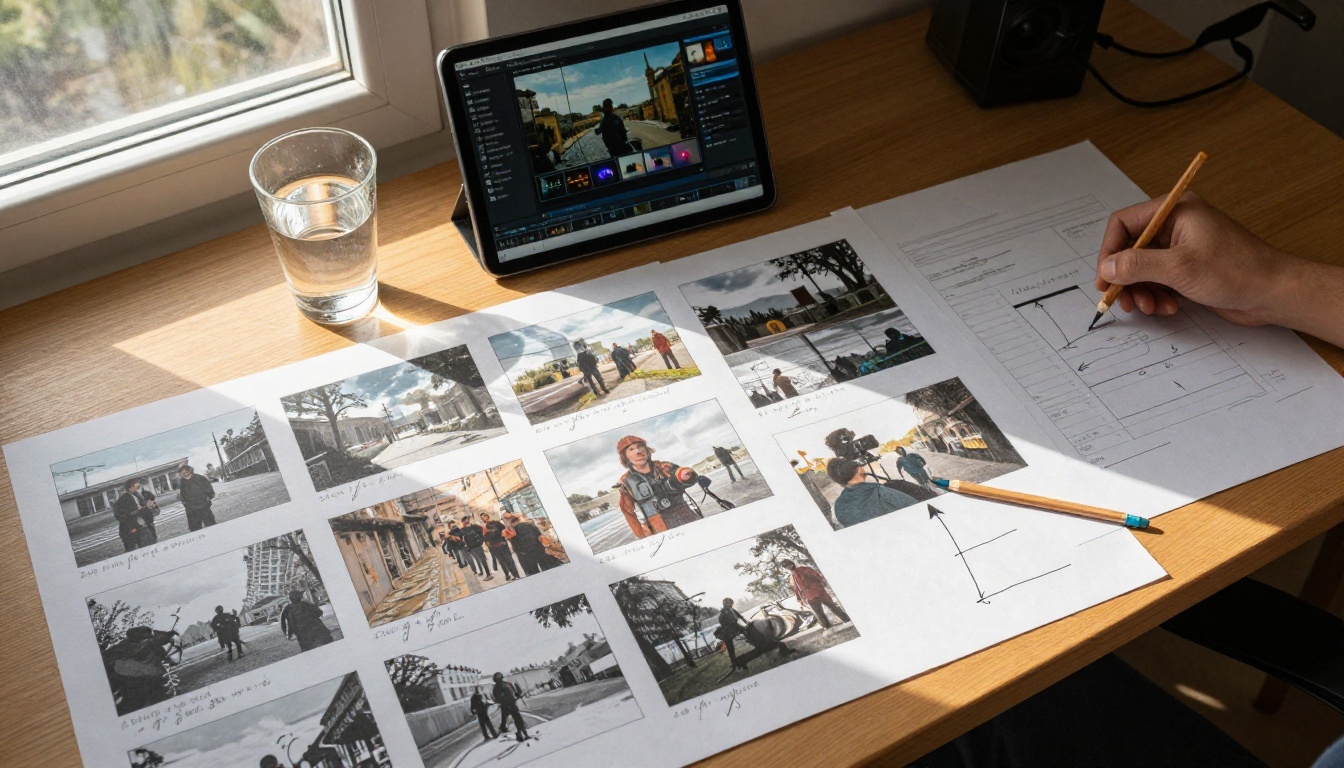Filmmaker's storyboard planning workflow with annotated shot compositions on desk