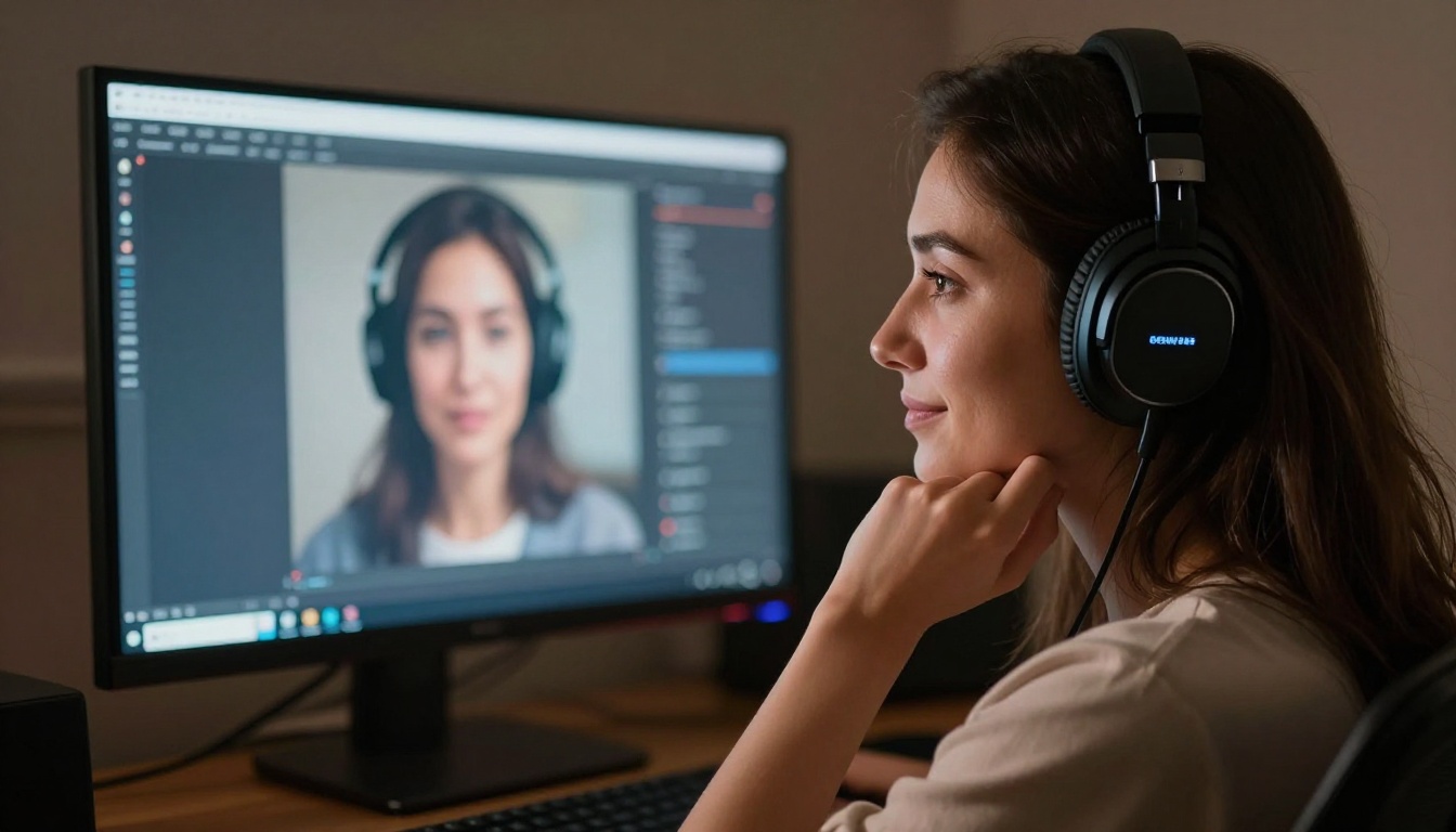 Woman with headphones listening to AI-generated native audio from video playing on monitor