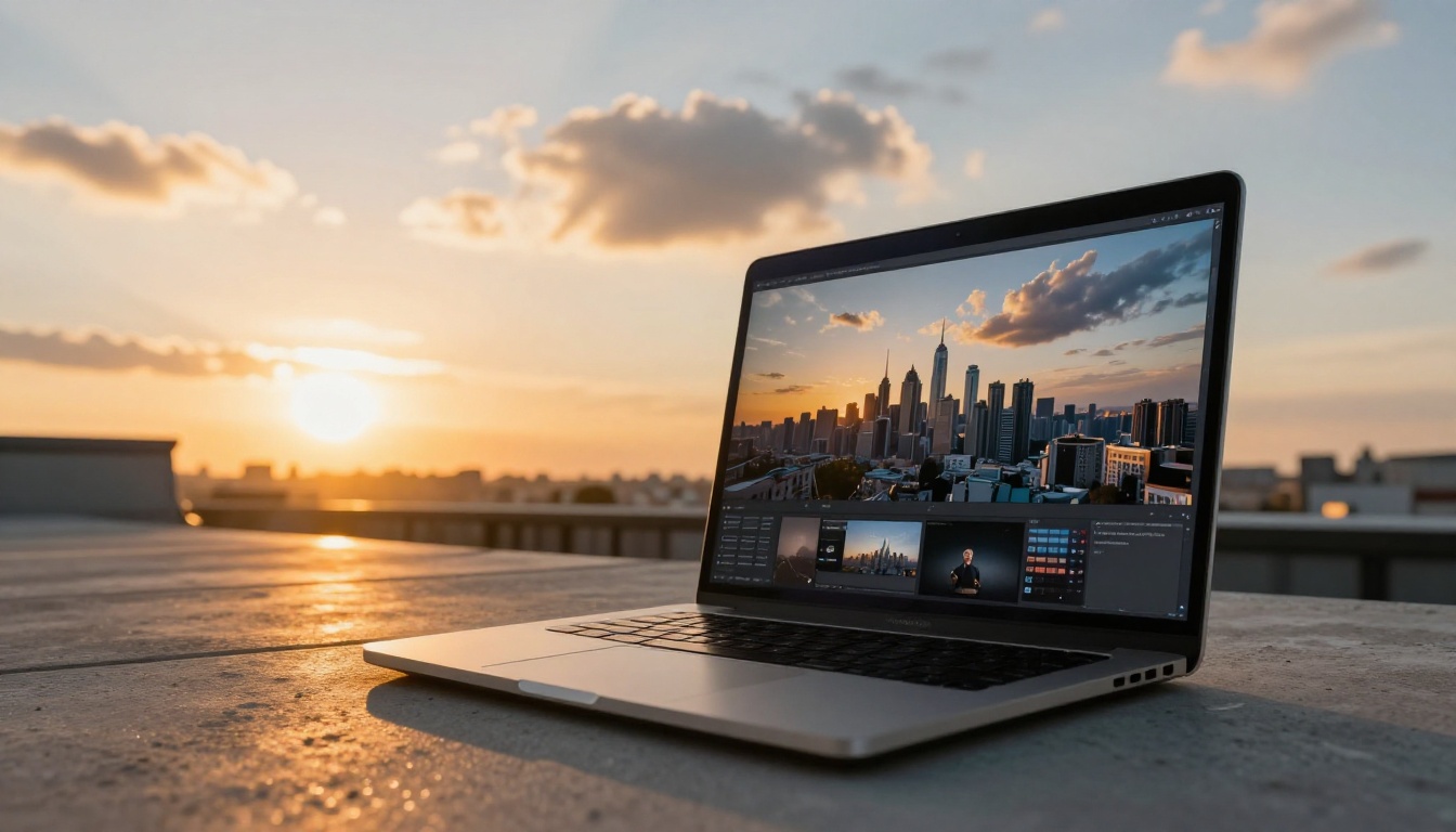 Creative professional generating AI video on laptop at rooftop terrace during golden hour