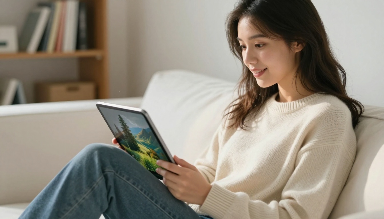 Young woman holding a tablet showing a vivid sharp AI-upscaled nature image in natural daylight