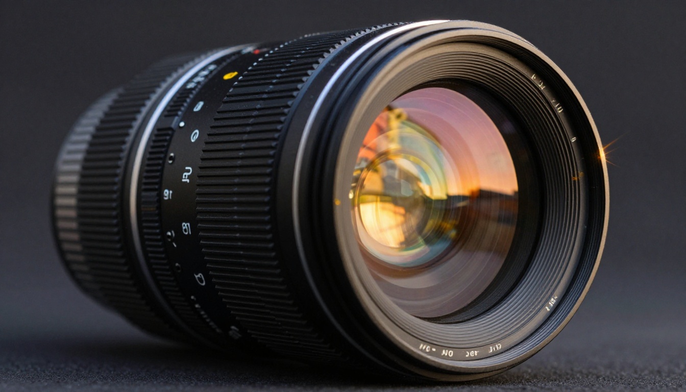 Close-up low-angle shot of a professional camera lens with authentic chromatic rendering and warm sidelight