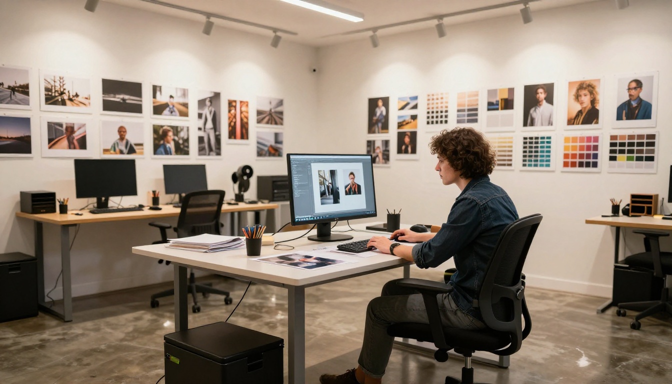 Graphic designer reviewing sharp photo proofs on a large calibrated monitor in a professional studio