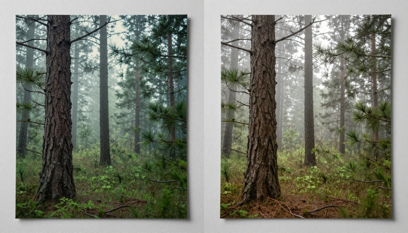 Before and after forest landscape comparison with sharp AI upscaling restoring pine needle detail and bark texture