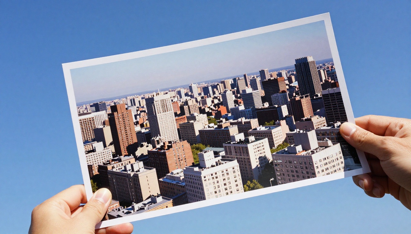 Sharp photograph held up against a vivid blue sky with crisp architectural detail visible through the print