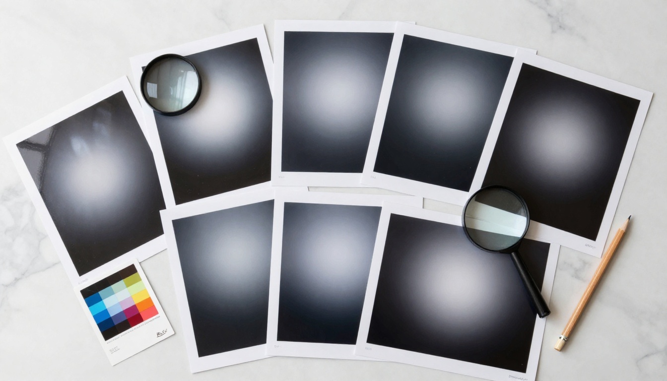 Flat lay of photography test prints on marble arranged from blurry to sharp, with a magnifying loupe revealing pixel detail