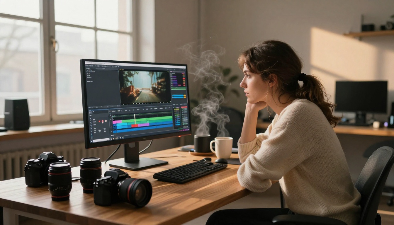 Creative filmmaker reviewing footage on widescreen monitor in sunlit studio