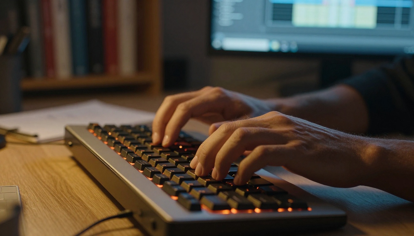 Focused professional typing video prompts at amber-lit mechanical keyboard