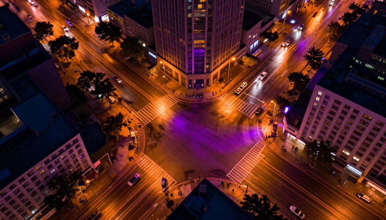 Aerial drone view looking straight down at city intersection at dusk with wet pavement reflections