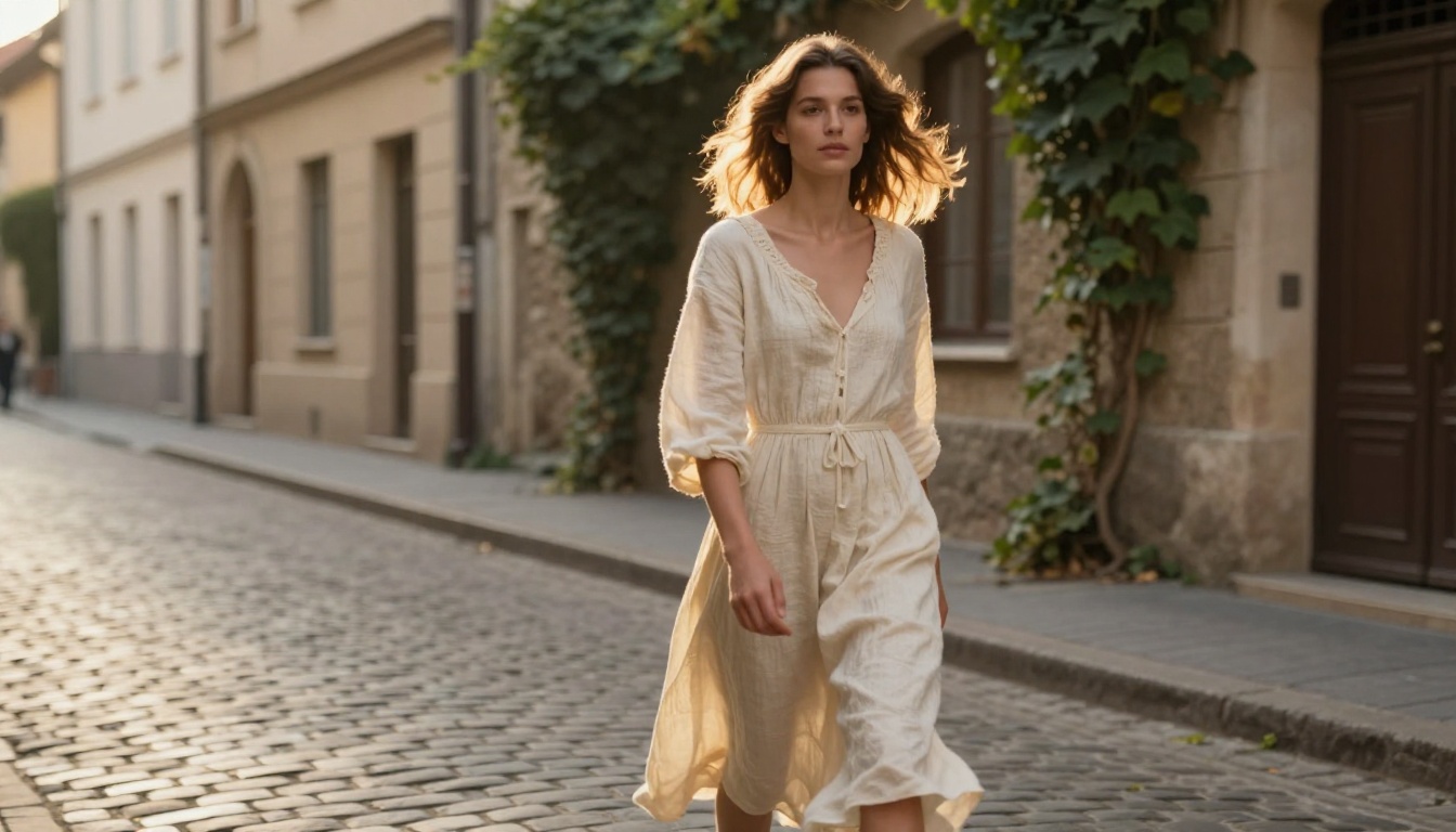 Woman walking in slow motion on cobblestone European street with motion blur on hem and background