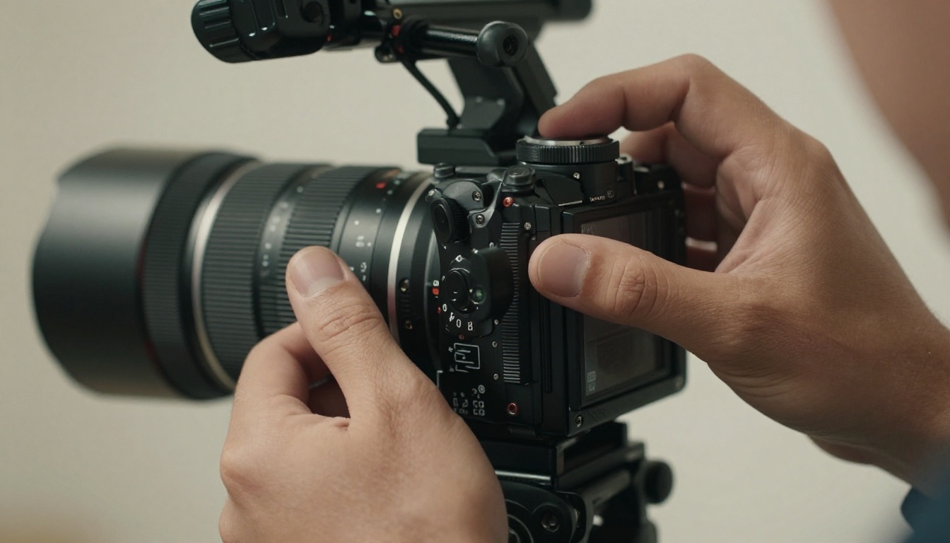 Professional videographer hands adjusting aperture ring on cinema prime lens with precise grip