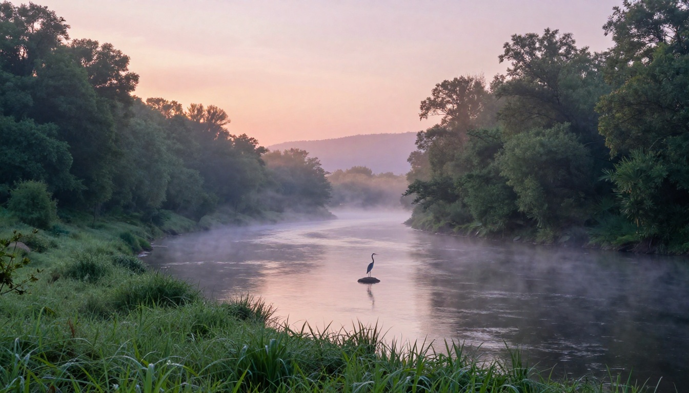 Lush river valley at dawn with silver river, morning mist and lone heron