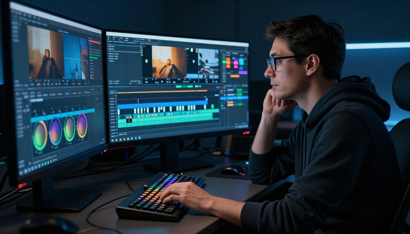 Professional color grading workstation with multiple monitors and control surface