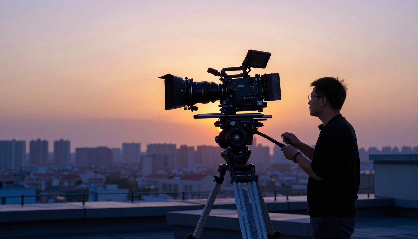 Cinematographer silhouetted against sunset on rooftop with cinema camera on fluid head tripod