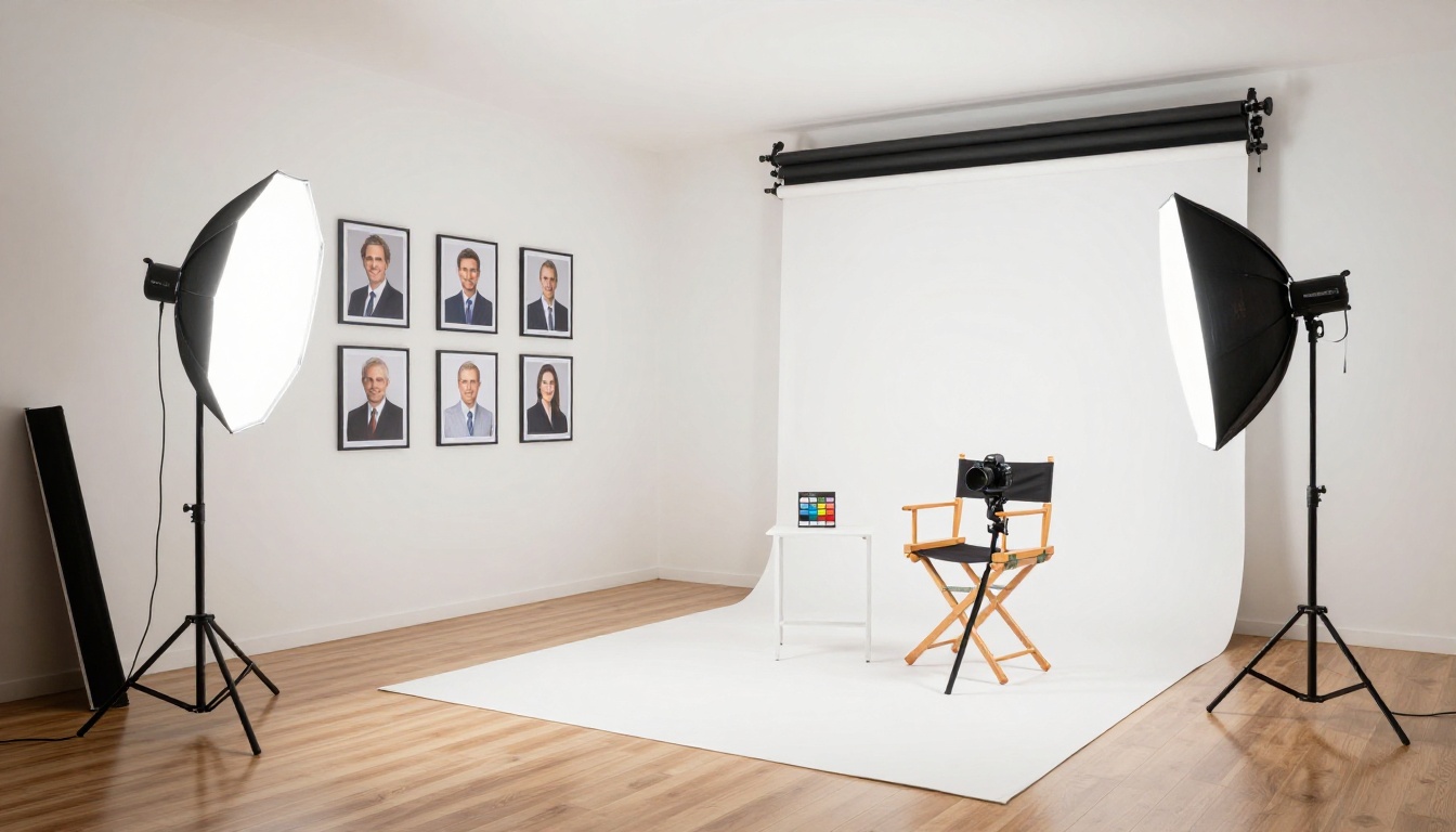 Professional photography studio setup ready for corporate headshot sessions