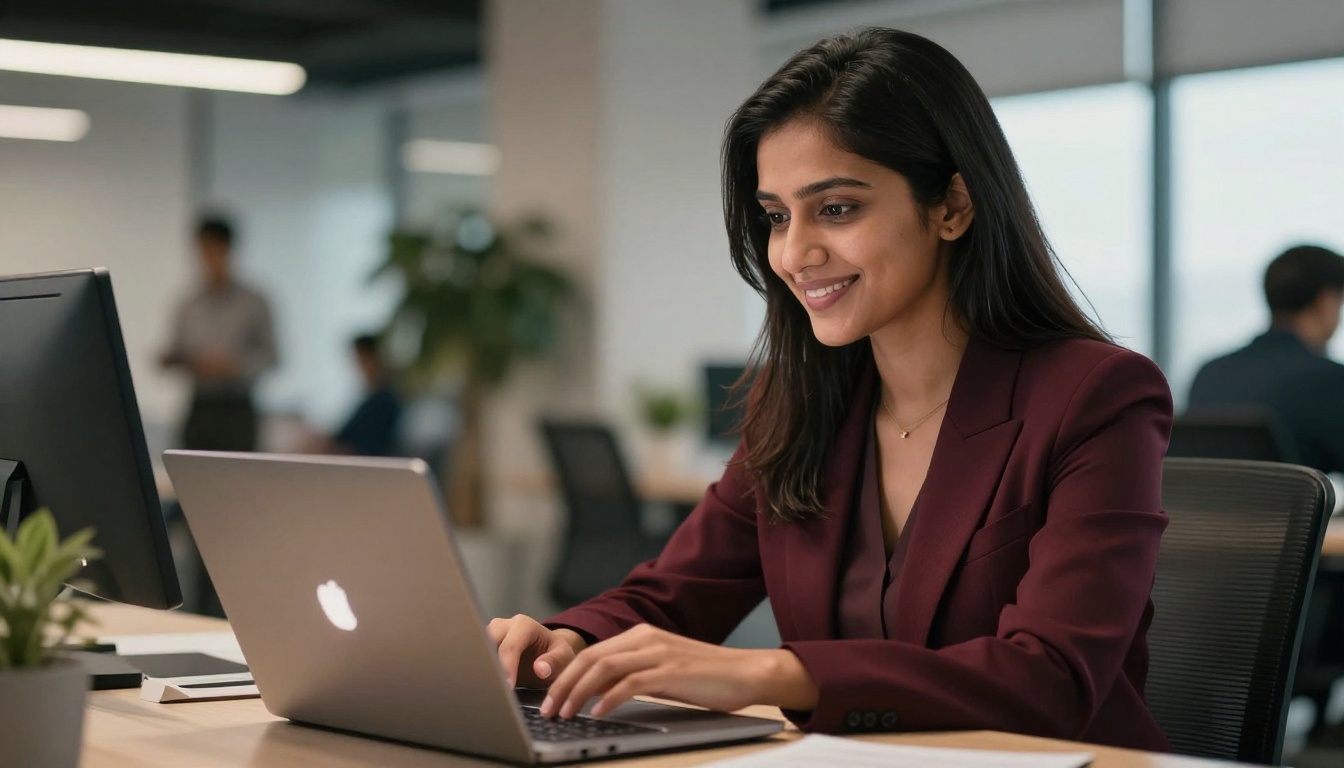 Professional woman reviewing AI headshot results on laptop in modern open-plan office