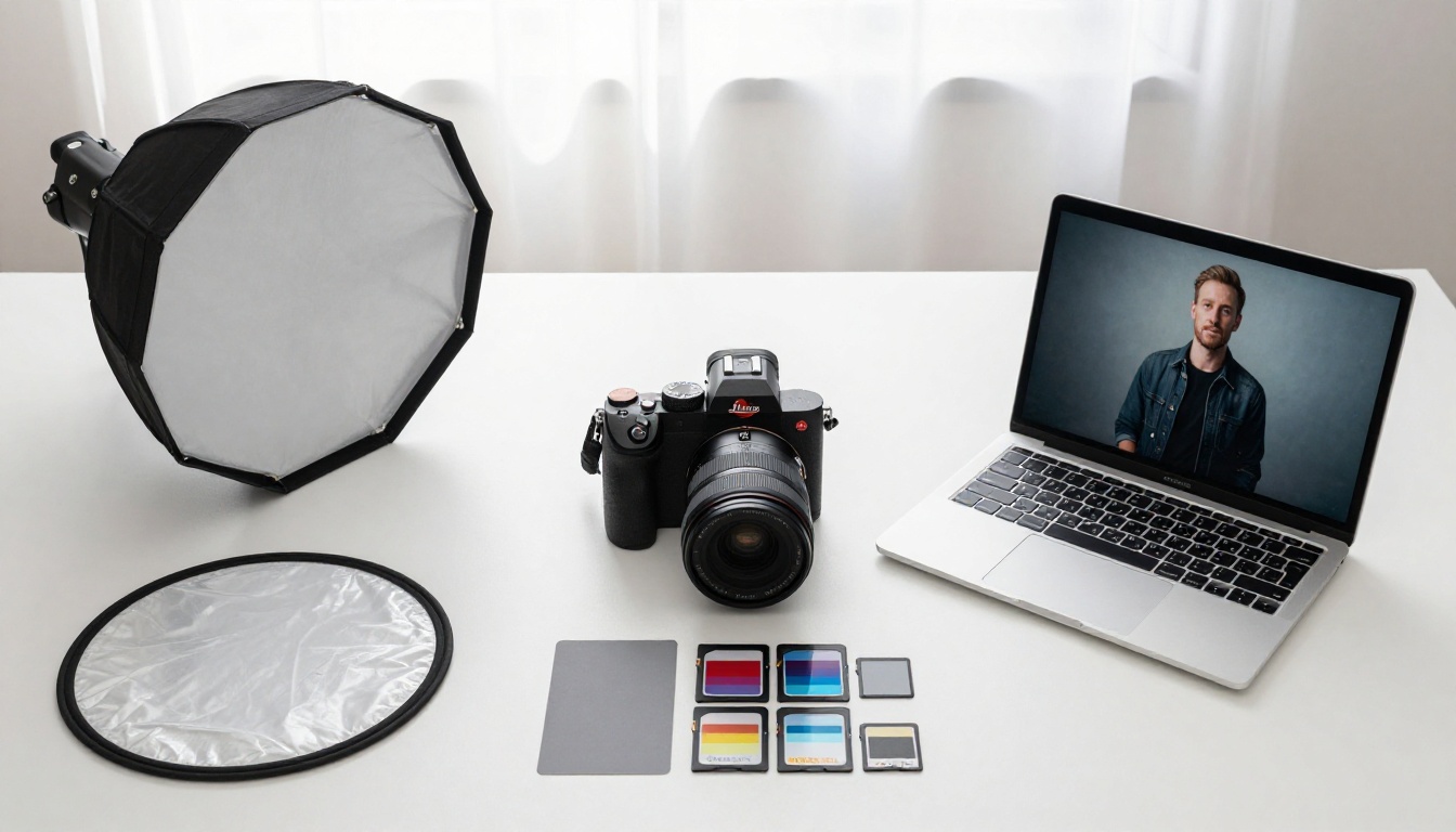 Professional photography equipment flat lay showing camera, lenses, and portrait tools arranged on white surface