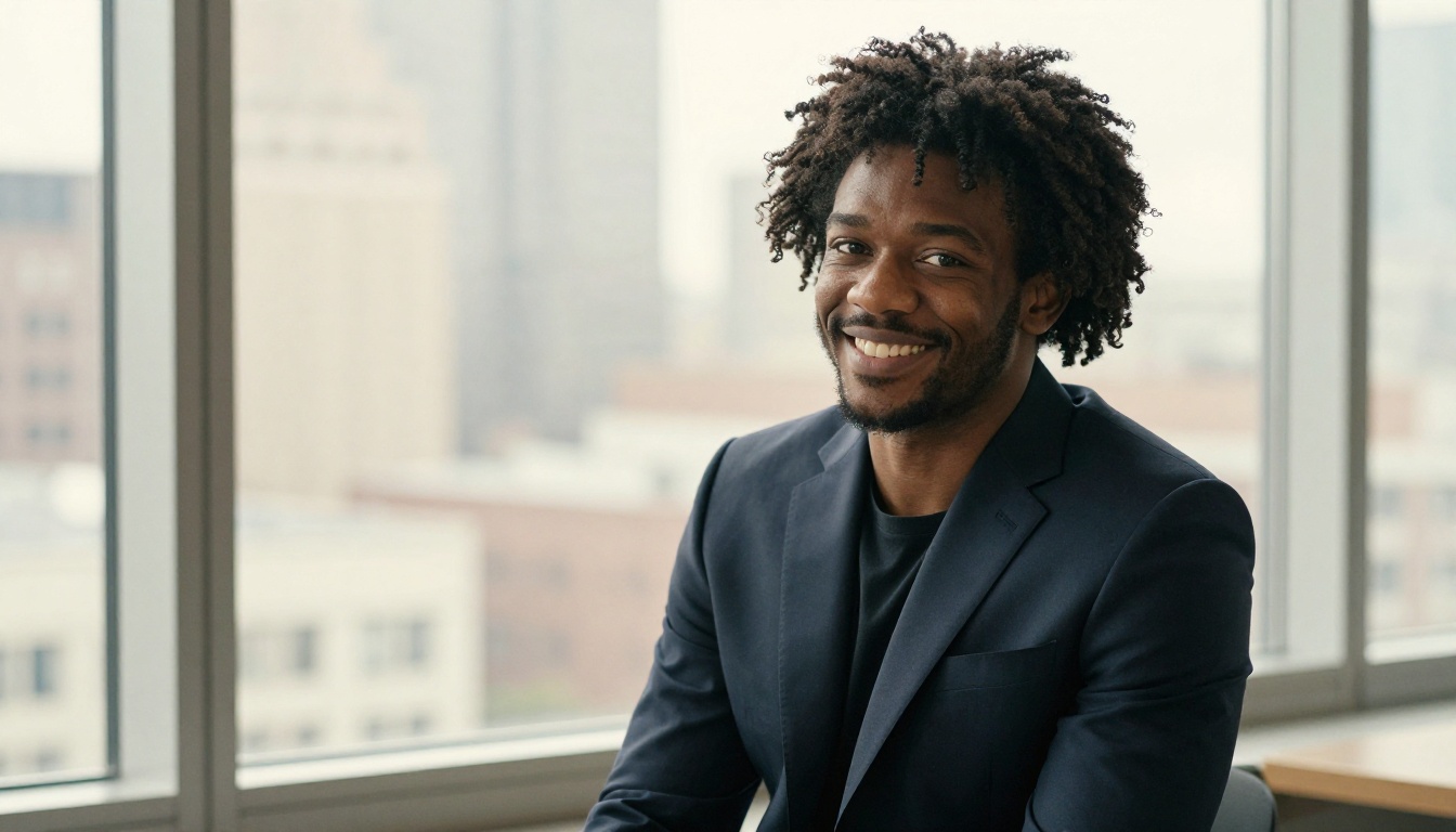 Professional man with natural window light in corporate setting showing authentic confident expression