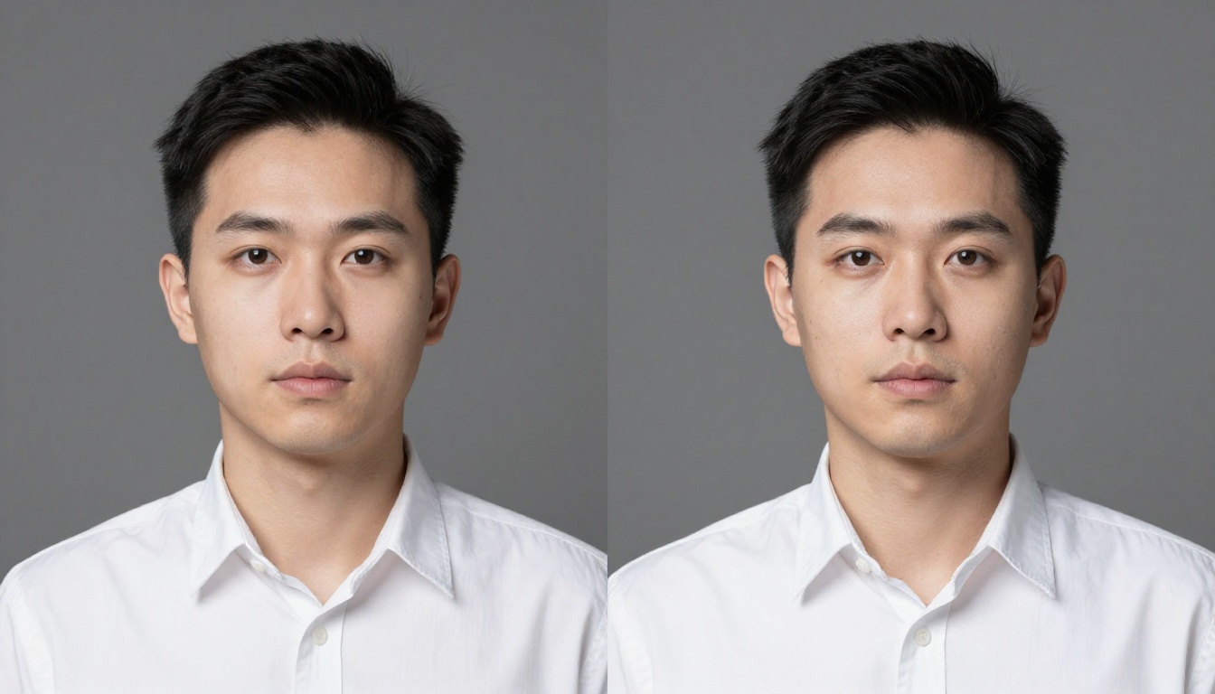 Lighting comparison showing flat passport-style light versus professional Rembrandt portrait lighting