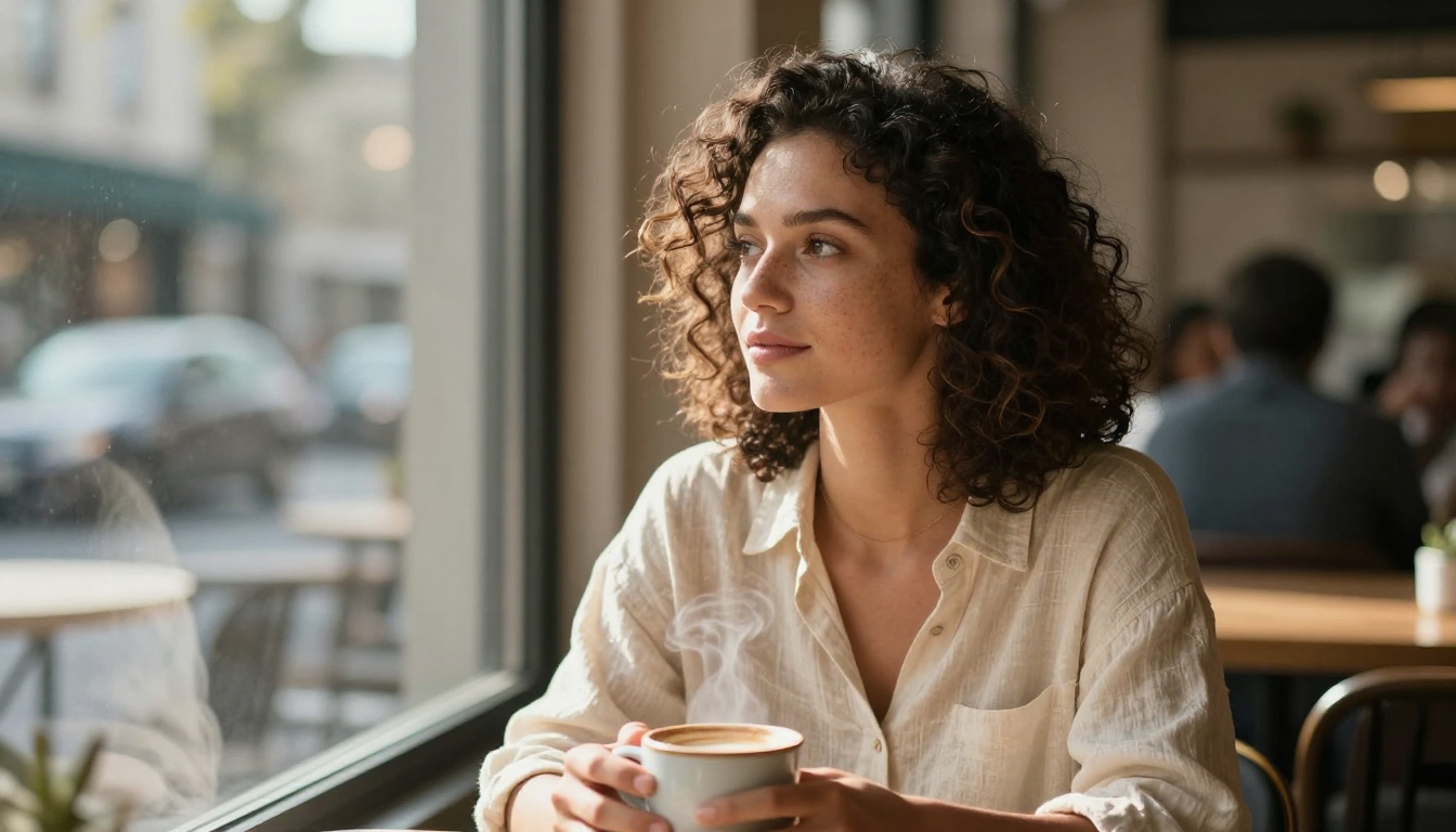 Elegant woman with natural curly hair in a sun-drenched café
